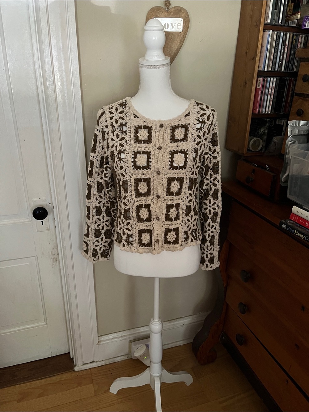 Ultra Pink Crochet Square-Panel Cardigan in Cream and Brown